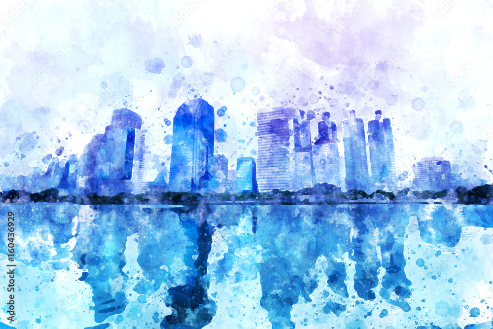 Blue cityscape watercolor painting on white background with splash of ink