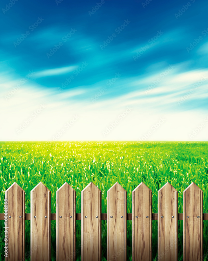 Fototapeta premium Wooden fence in green field