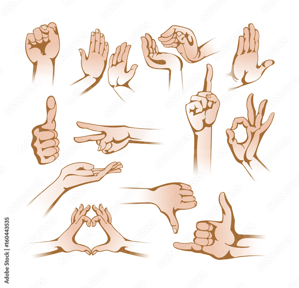 Set of hands in different gestures, signs on white background. Set of hands in different gestures, signs on white background.