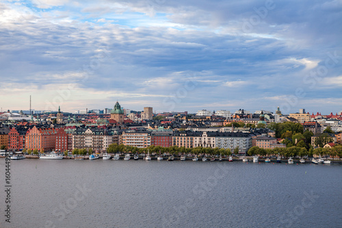 Aerial view of central part of city with embankment and boats. Stockholm  Sweden