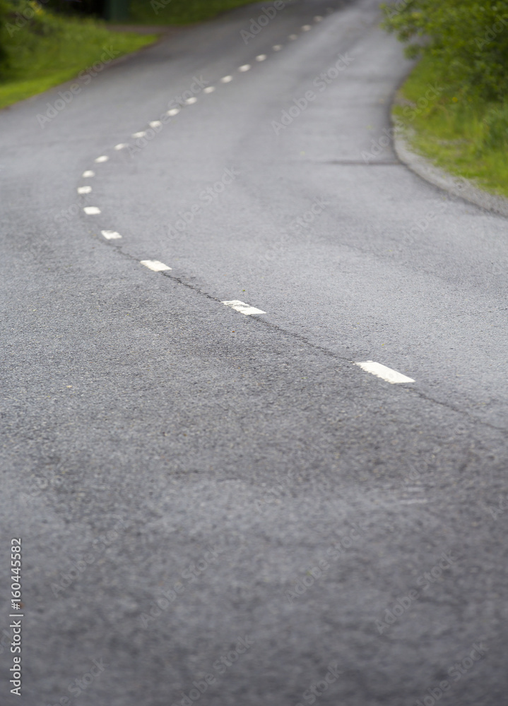 Wet asphalt road. Curvy highway.