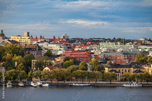 STOCKHOLM, SWEDEN - SEPTEMBER 16, 2016: Aerial view of central part of city with embankment and boats.