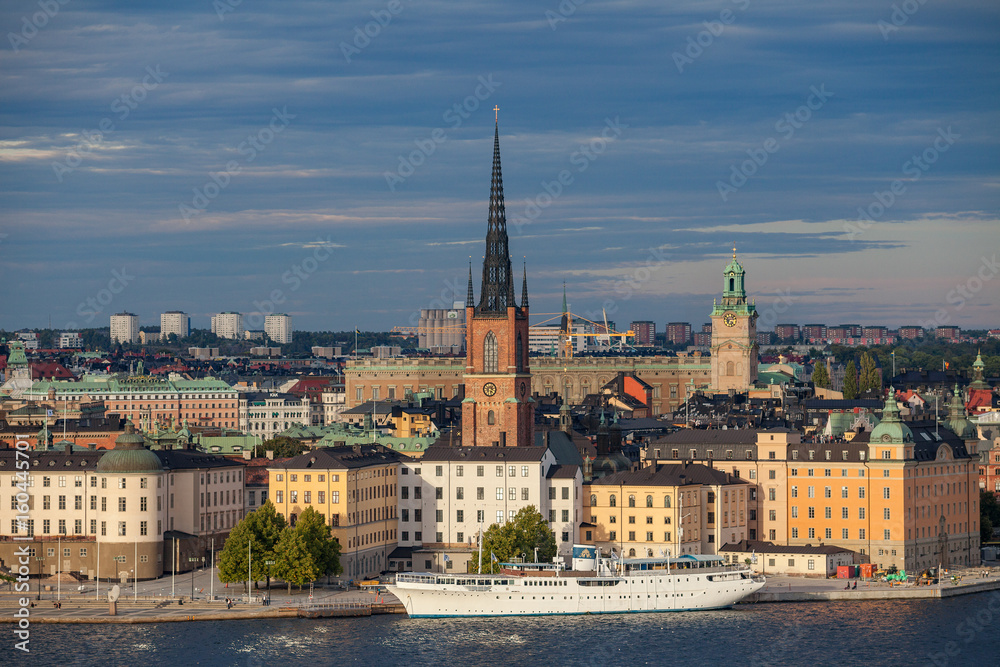 STOCKHOLM, SWEDEN - SEPTEMBER 16, 2016: Aerial view of central part of old town with embankment and ship.