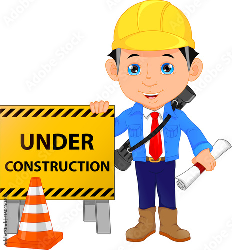 young architect cartoon with under construction sign