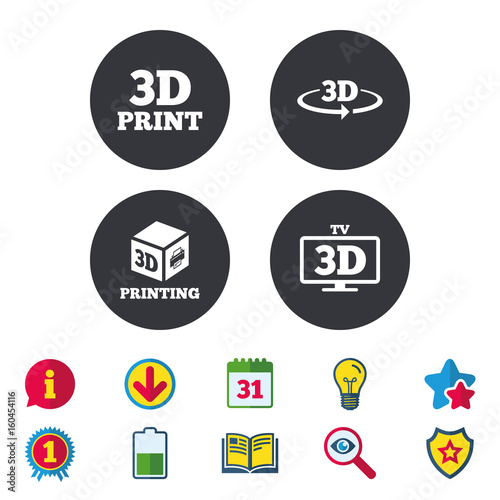 3d technology icons. Printer, rotation arrow.