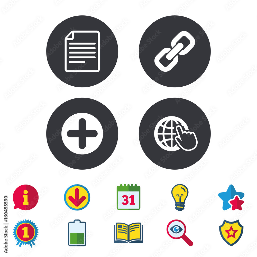 Plus circle and hyperlink signs. File, globe. Plus circle and hyperlink signs. File, globe.