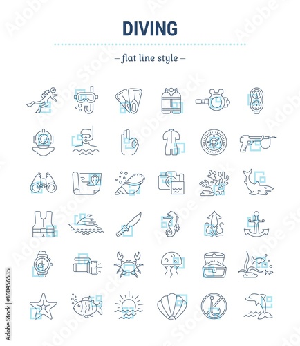 Fototapeta Naklejka Na Ścianę i Meble -  Vector graphic set.Isolated Icons in flat, contour, thin, minimal and linear desine.Diving.Extreme swimming sports infographic.Diving equipment.Concept illustration for Web site.Sign,symbol, element.