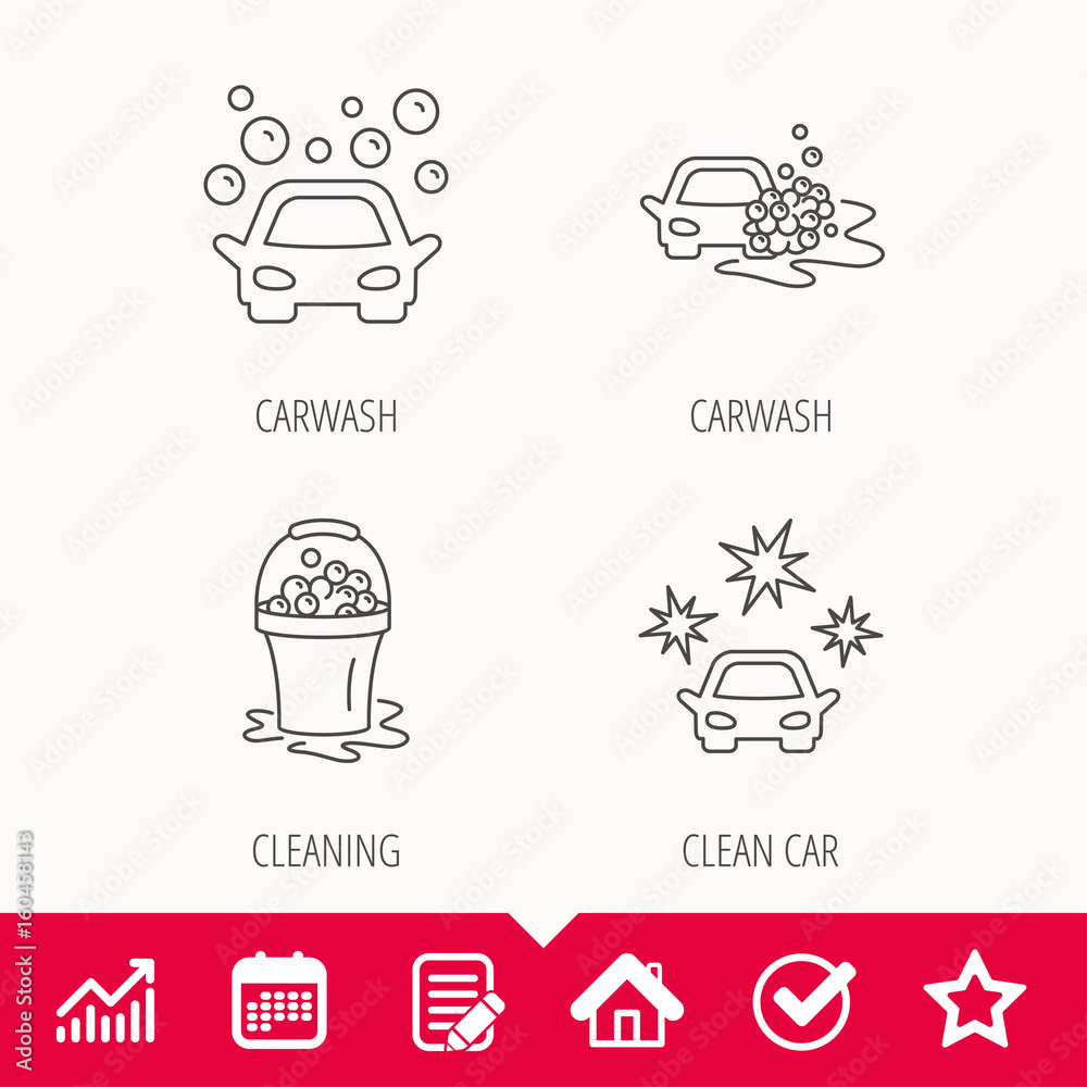 Car wash icons. Automatic cleaning station linear signs. Wet cleaning and foam bucket flat line icons. Edit document, Calendar and Graph chart signs. Star, Check and House web icons. Vector