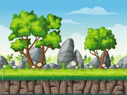 Seamless cartoon nature background. Vector illustration with separate layers.