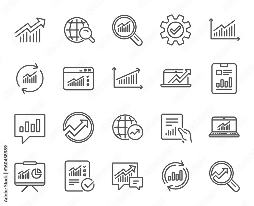 Analysis line icons. Charts, Reports and Graphs. Analysis line icons. Charts, Reports and Graphs.