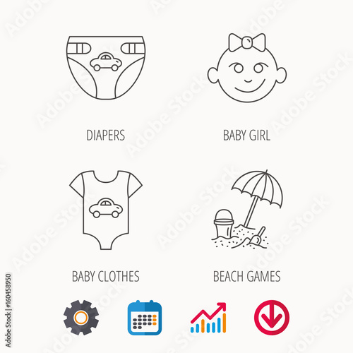 Newborn clothes, diapers and baby girl icons. Beach games linear sign. Calendar, Graph chart and Cogwheel signs. Download colored web icon. Vector