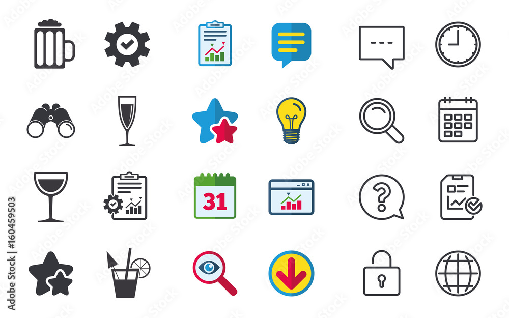 Alcoholic drinks signs. Champagne, beer icons. Alcoholic drinks signs. Champagne, beer icons.