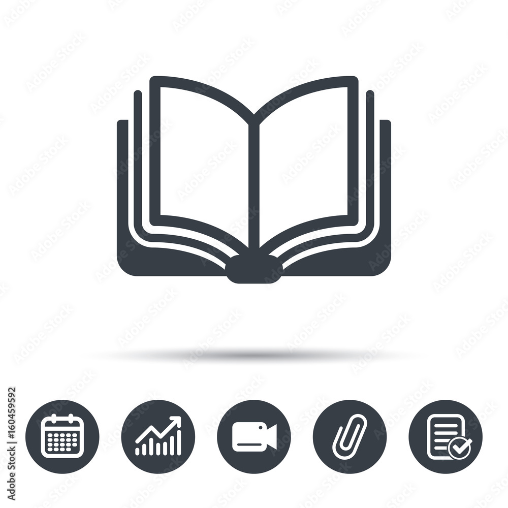 Book icon. Study literature sign. Education textbook symbol. Calendar, chart and checklist signs. Video camera and attach clip web icons. Vector Book icon. Study literature sign. Education textbook symbol. Calendar, chart and checklist signs. Video camera and attach clip web icons. Vector
