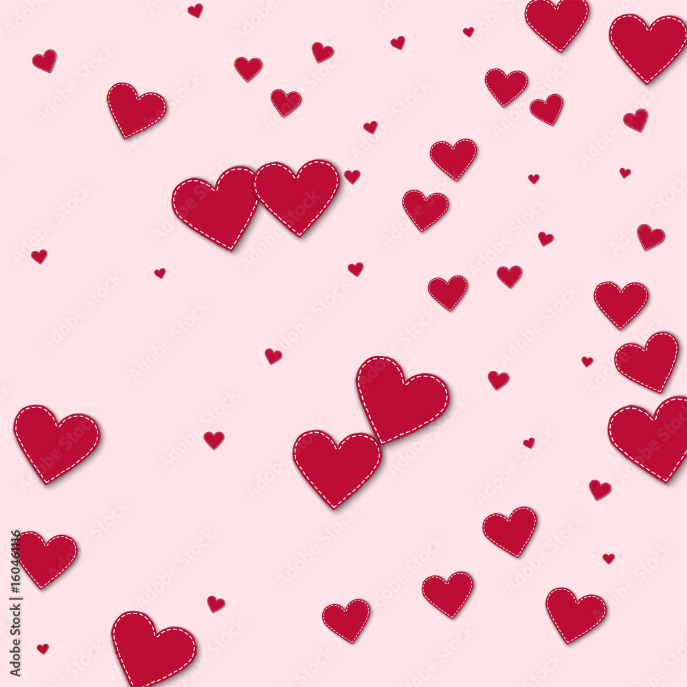 Red stitched paper hearts. Random scatter on light pink background. Vector illustration.