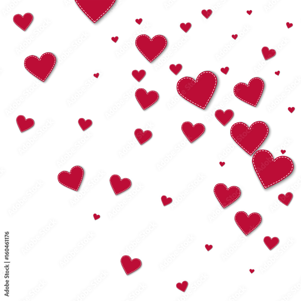 Red stitched paper hearts. Random gradient scatter on white background. Vector illustration.