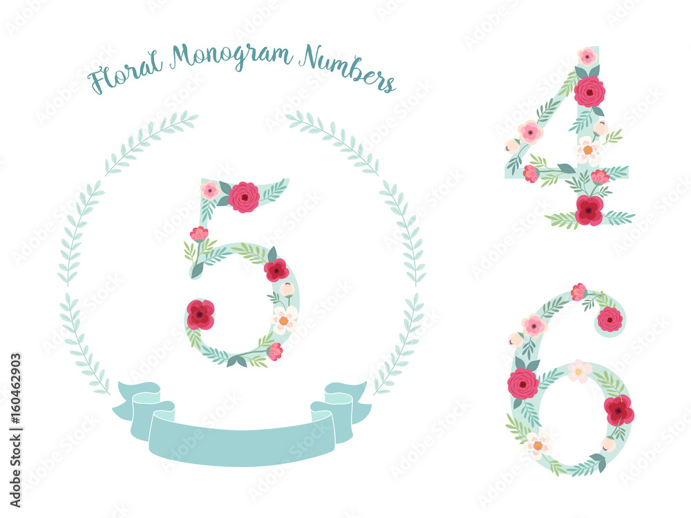 Fototapeta premium Cute vintage numbers with hand drawn rustic flowers
