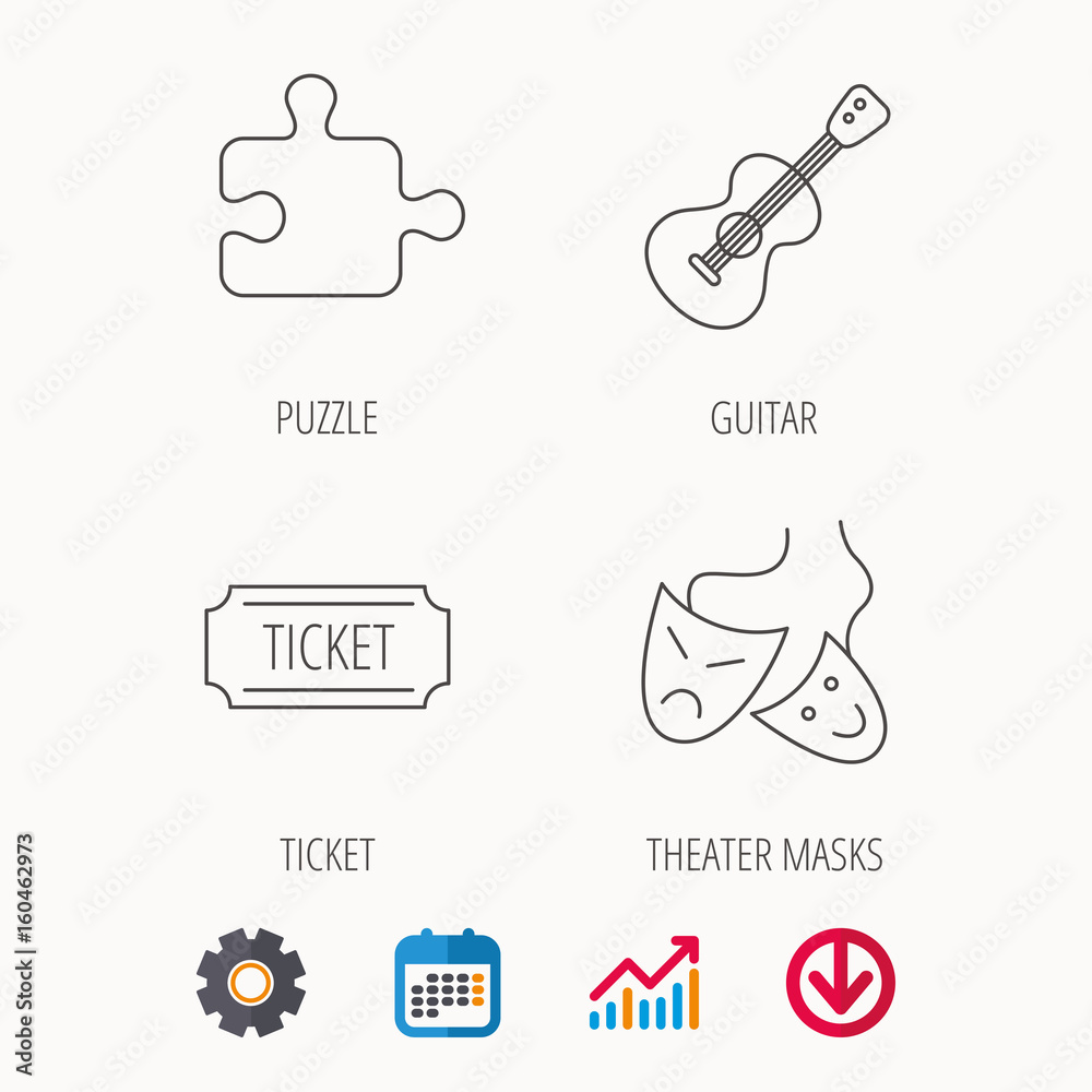 Puzzle, guitar music and theater masks icons. Ticket linear sign. Calendar, Graph chart and Cogwheel signs. Download colored web icon. Vector
