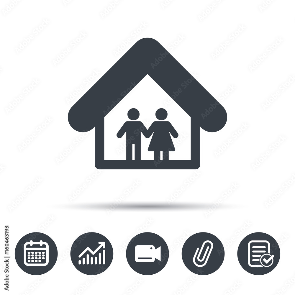 Family icon. Father and mother in home symbol. Calendar, chart and checklist signs. Video camera and attach clip web icons. Vector Family icon. Father and mother in home symbol. Calendar, chart and checklist signs. Video camera and attach clip web icons. Vector