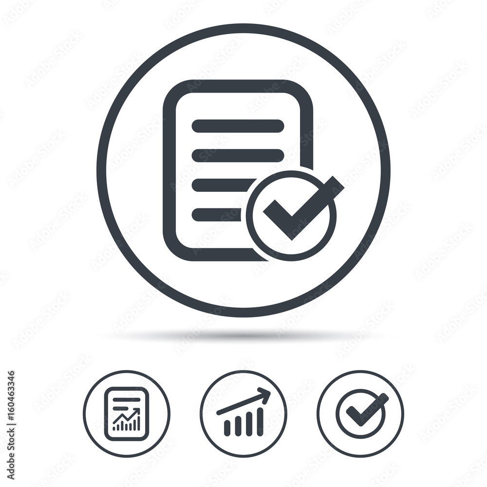 File selected icon. Document page with check symbol. Report document, Graph chart and Check signs. Circle web buttons. Vector File selected icon. Document page with check symbol. Report document, Graph chart and Check signs. Circle web buttons. Vector