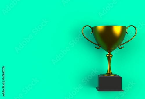 Trophy on blue plank, 3D rendering