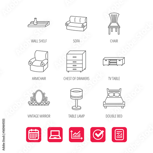 Double bed, table lamp and armchair icons. Chair, lamp and vintage mirror linear signs. Wall shelf, sofa and chest of drawers furniture icons. Report document, Graph chart and Calendar signs. Vector