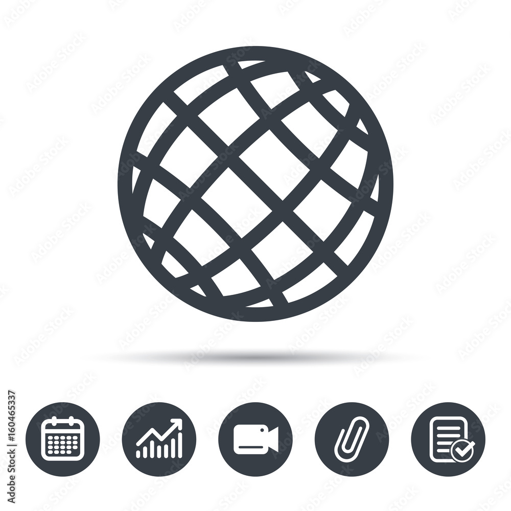 Globe icon. World or internet symbol. Calendar, chart and checklist signs. Video camera and attach clip web icons. Vector Globe icon. World or internet symbol. Calendar, chart and checklist signs. Video camera and attach clip web icons. Vector