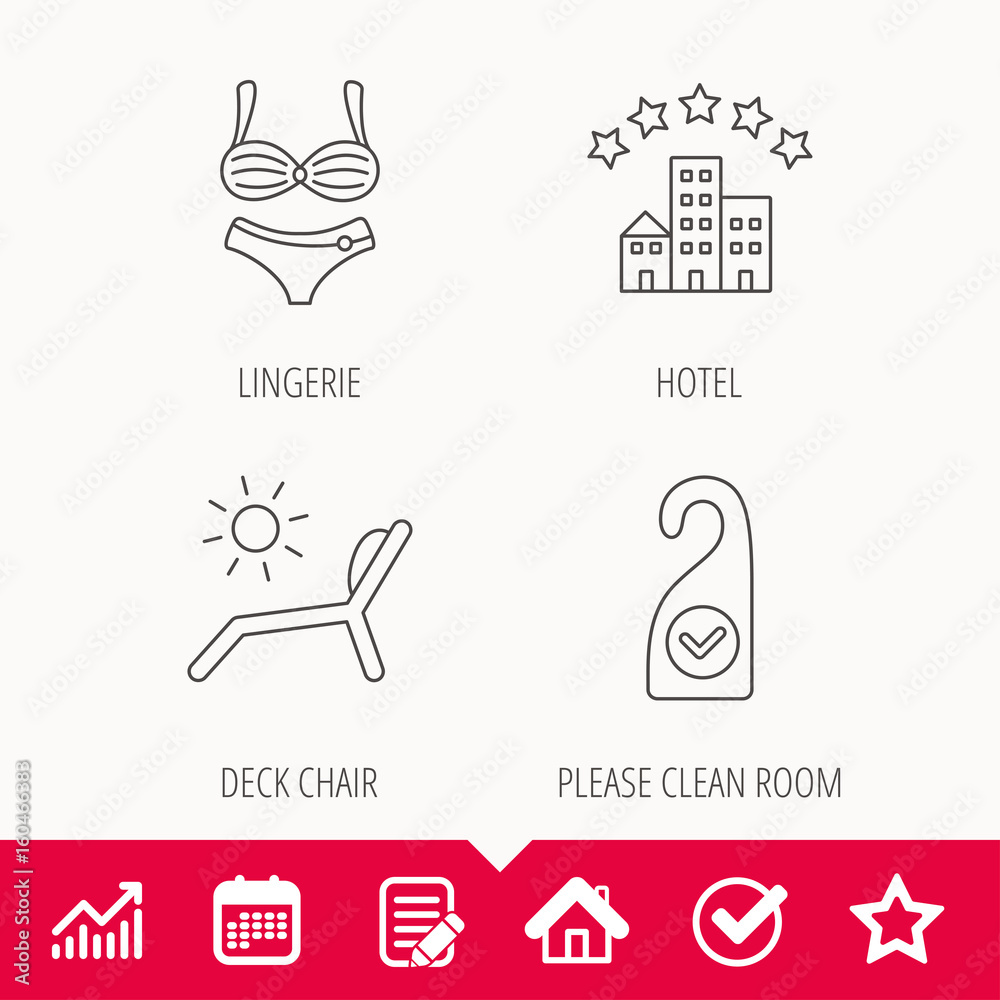 Hotel, lingerie and beach deck chair icons. Clean room linear sign. Edit document, Calendar and Graph chart signs. Star, Check and House web icons. Vector