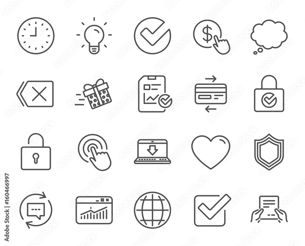 Report, Time and Globe line icons. Statistics. Report, Time and Globe line icons. Statistics.