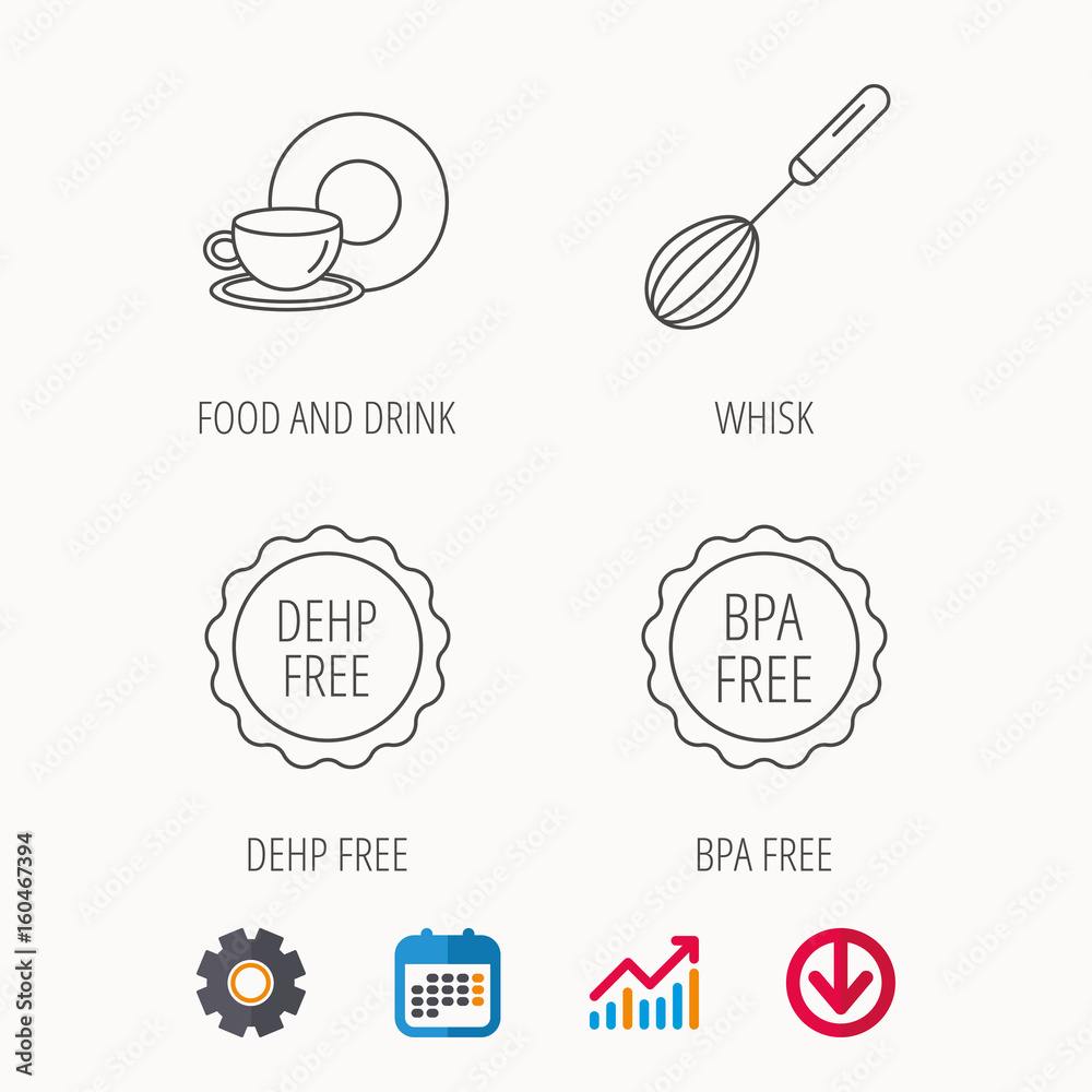 Food and drink, whisk and BPA free icons. DEHP free linear sign. Calendar, Graph chart and Cogwheel signs. Download colored web icon. Vector