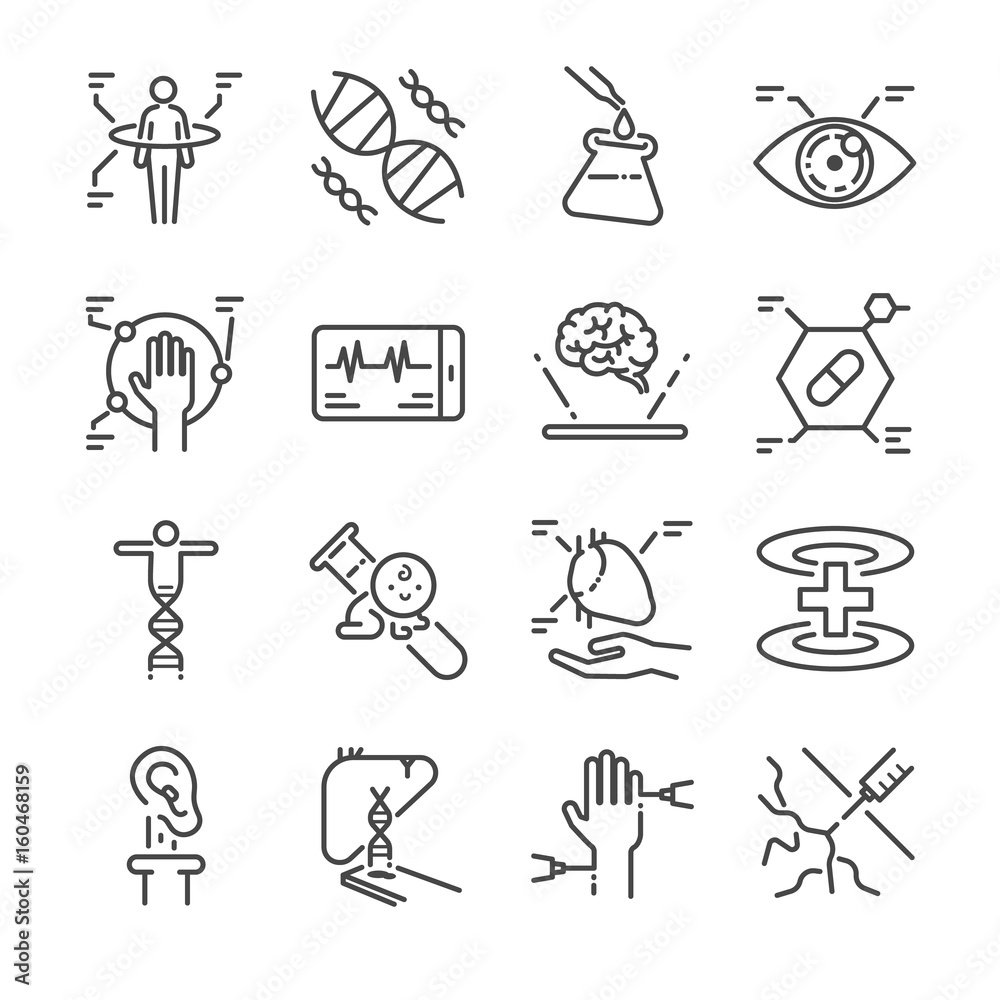Fototapeta premium Medical innovation line icon set. Included the icons as physical scan, digital eye, dna, pseudo heart, organ printing and more.