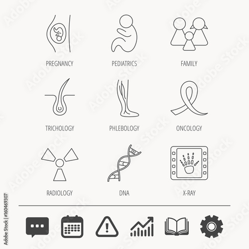 Pregnancy, pediatrics and family icons. Trichology, vein varicose and oncology awareness ribbon linear signs. Radiology, DNA icons. Education book, Graph chart and Chat signs. Vector