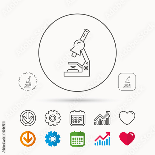 Microscope icon. Medical laboratory equipment sign. Pathology or scientific symbol. Calendar, Graph chart and Cogwheel signs. Download and Heart love linear web icons. Vector