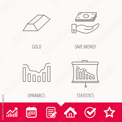Save money, dynamics chart and statistics icons. Gold bar linear sign. Edit document, Calendar and Graph chart signs. Star, Check and House web icons. Vector