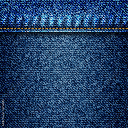 Jeans illustration, blue denim background with pocket or texture border element. Geometric denim surface pattern for flyers. Abstract indigo dyed effect decorative textured background. Vector.