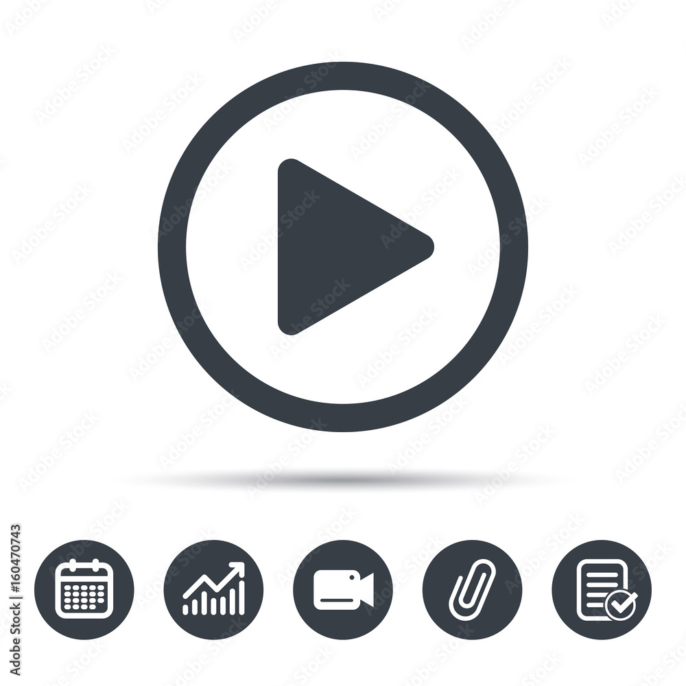 Play icon. Audio or Video player symbol. Calendar, chart and checklist signs. Video camera and attach clip web icons. Vector Play icon. Audio or Video player symbol. Calendar, chart and checklist signs. Video camera and attach clip web icons. Vector