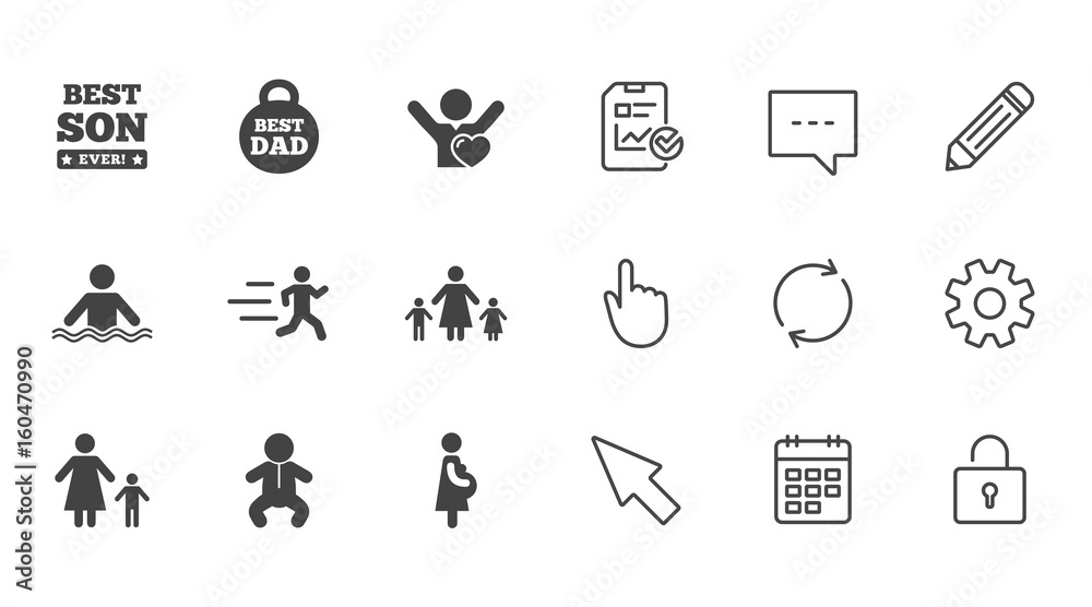 People, family icons. Swimming, baby signs.