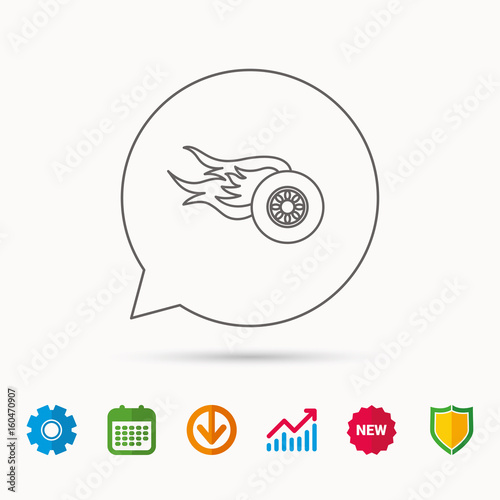 Wheel on fire icon. Race or Speed sign. Calendar, Graph chart and Cogwheel signs. Download and Shield web icons. Vector photo