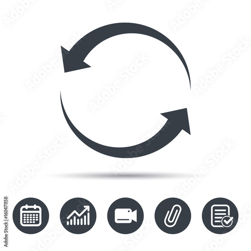 Update icon. Refresh or repeat symbol. Calendar, chart and checklist signs. Video camera and attach clip web icons. Vector
