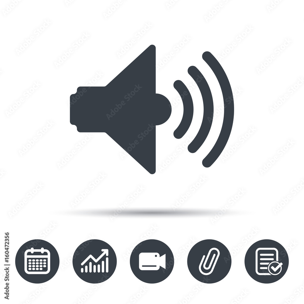 Sound icon. Music dynamic symbol. Calendar, chart and checklist signs. Video camera and attach clip web icons. Vector Sound icon. Music dynamic symbol. Calendar, chart and checklist signs. Video camera and attach clip web icons. Vector