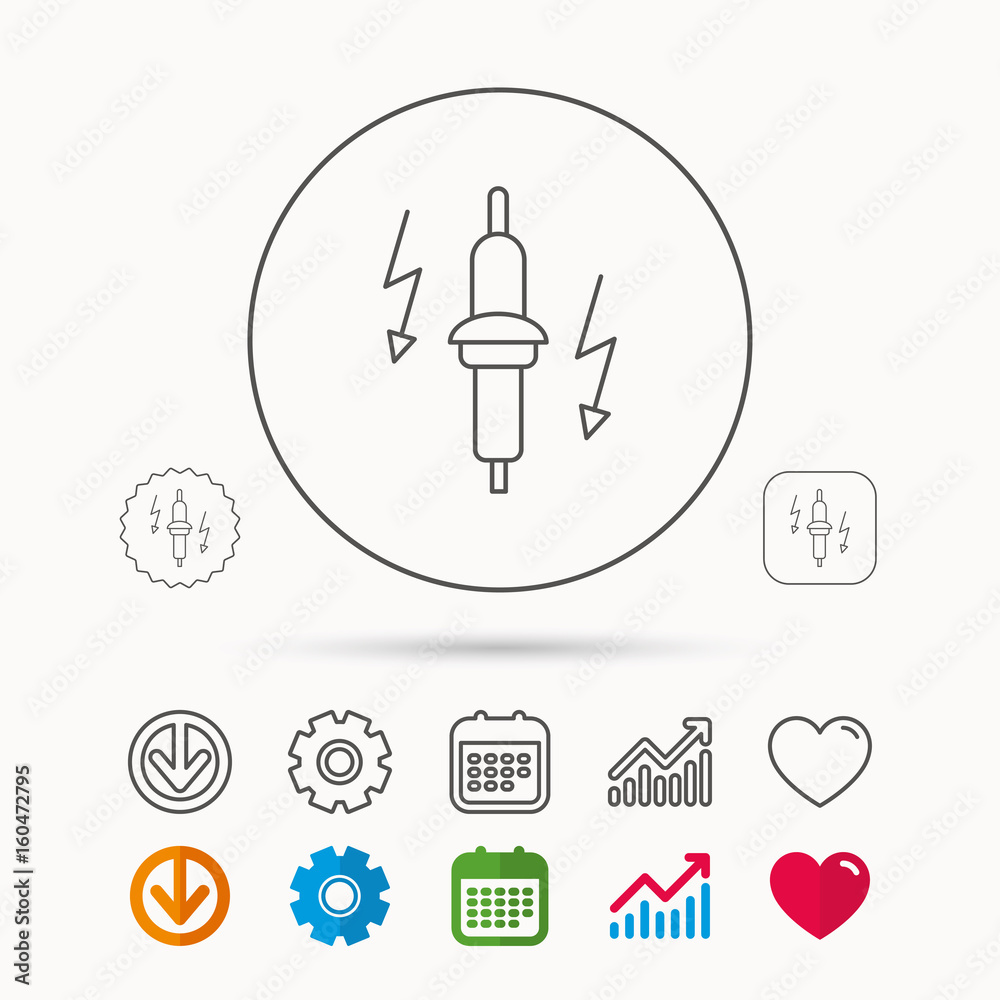 Spark plug icon. Car electric part sign. Calendar, Graph chart and Cogwheel signs. Download and Heart love linear web icons. Vector Spark plug icon. Car electric part sign. Calendar, Graph chart and Cogwheel signs. Download and Heart love linear web icons. Vector