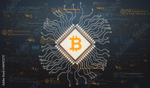 Background with bitcoin in futuristic virtual space. Design concept with HUD user interface elements.