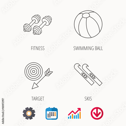 Sport fitness, swimming ball and skis icons. Target with arrow linear sign. Calendar, Graph chart and Cogwheel signs. Download colored web icon. Vector
