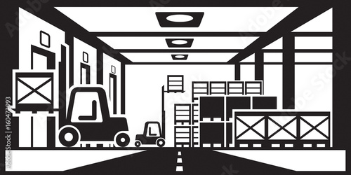 Forklifts distribute pallets in warehouse - vector illustration