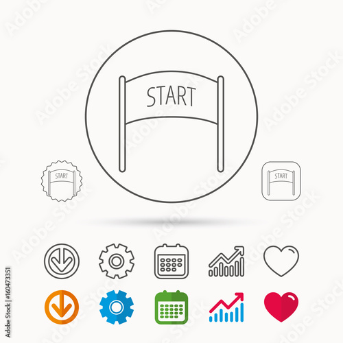 Start banner icon. Marathon checkpoint sign. Calendar, Graph chart and Cogwheel signs. Download and Heart love linear web icons. Vector
