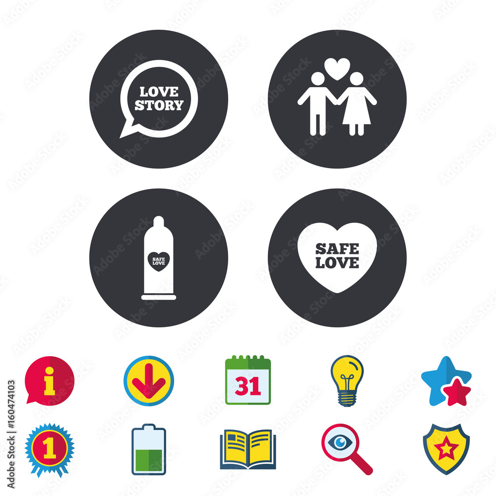 Condom safe sex icons. Lovers couple sign. Condom safe sex icons. Lovers couple sign.