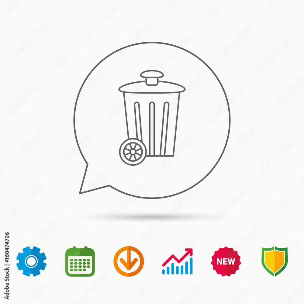 Recycle bin icon. Trash container sign. Street rubbish symbol. Calendar, Graph chart and Cogwheel signs. Download and Shield web icons. Vector Recycle bin icon. Trash container sign. Street rubbish symbol. Calendar, Graph chart and Cogwheel signs. Download and Shield web icons. Vector