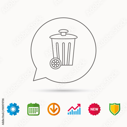 Recycle bin icon. Trash container sign. Street rubbish symbol. Calendar, Graph chart and Cogwheel signs. Download and Shield web icons. Vector