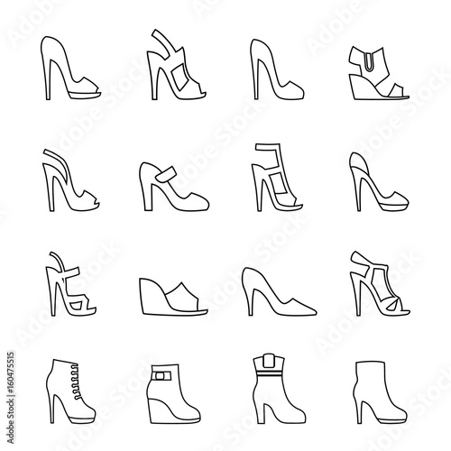 Women's shoes. Set of vector icons in the style of linear design.