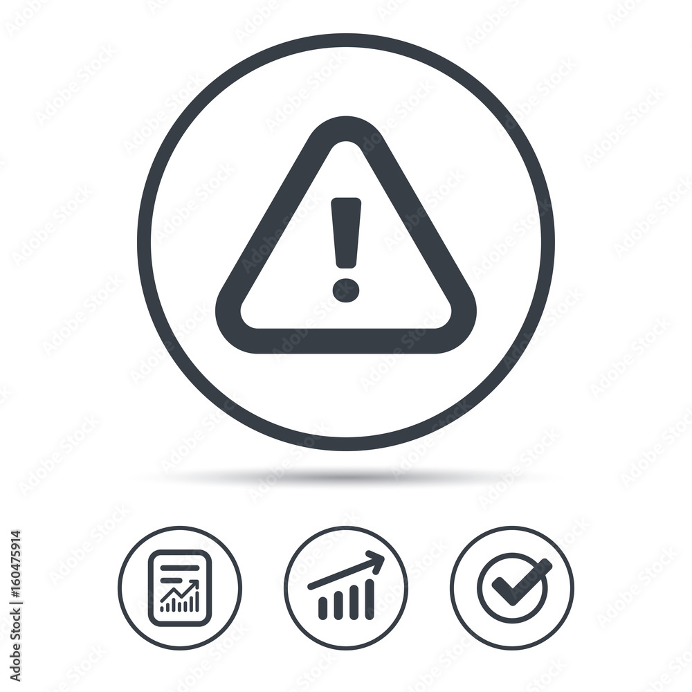 Warning icon. Attention exclamation mark symbol. Report document, Graph chart and Check signs. Circle web buttons. Vector Warning icon. Attention exclamation mark symbol. Report document, Graph chart and Check signs. Circle web buttons. Vector