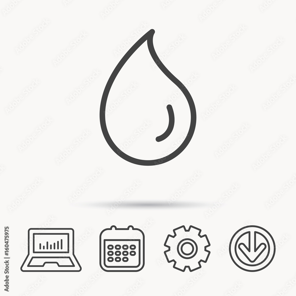 Water drop icon. Liquid sign. Freshness, condensation or washing symbol. Notebook, Calendar and Cogwheel signs. Download arrow web icon. Vector